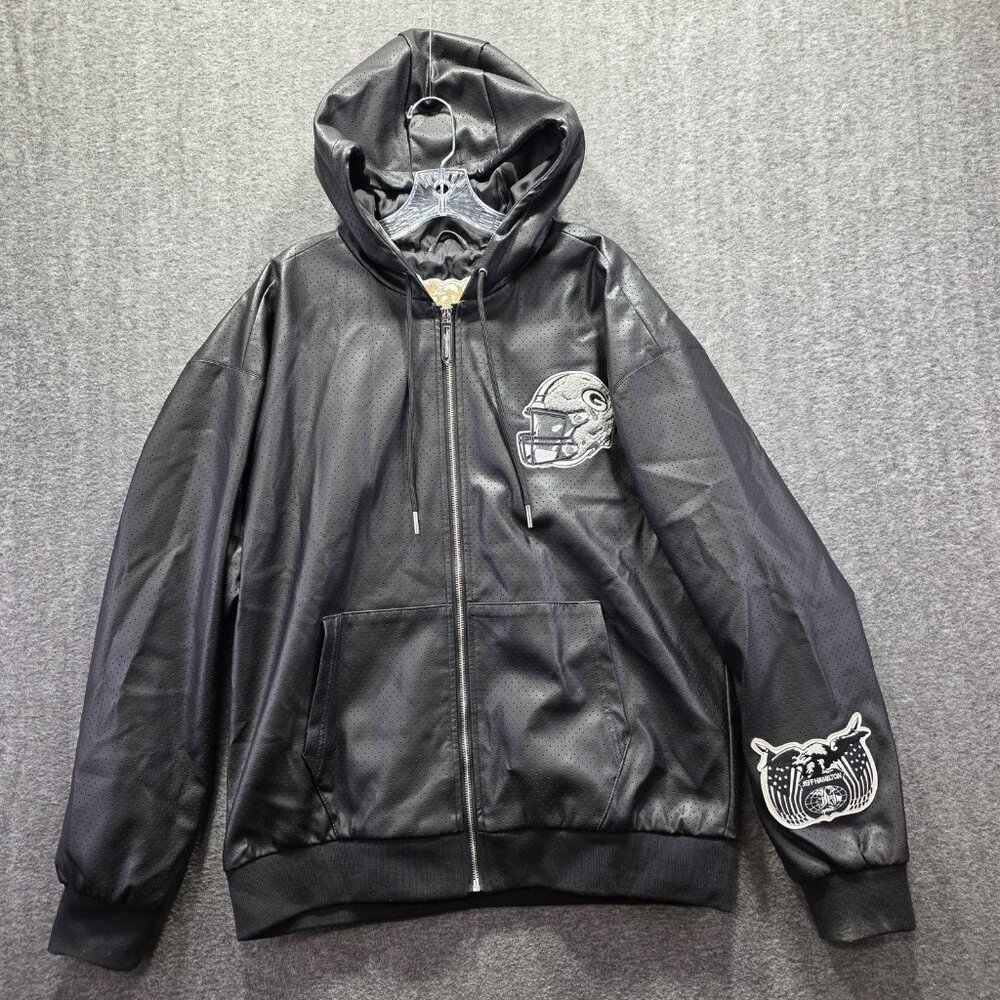Green Bay Packers Jacket Mens XL Faux Leather NFL Football Jeff Hamilton Hooded
